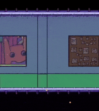 a video game with a bunch of pictures on the wall and two flags
