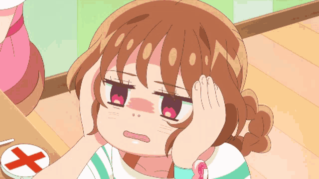 a cartoon girl holds her head in front of a cross
