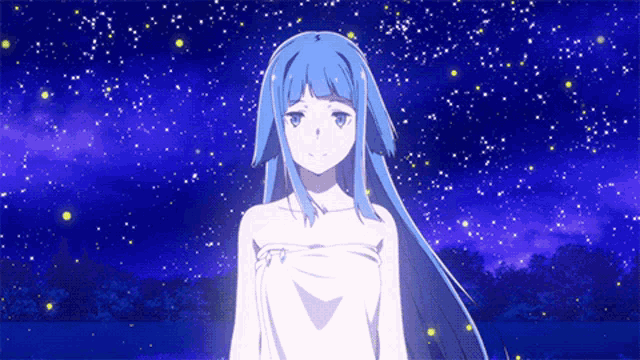 a girl with blue hair is standing in front of a night sky full of stars