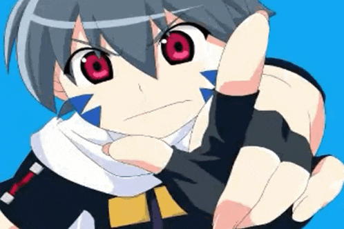a boy with gray hair and red eyes is making a funny face