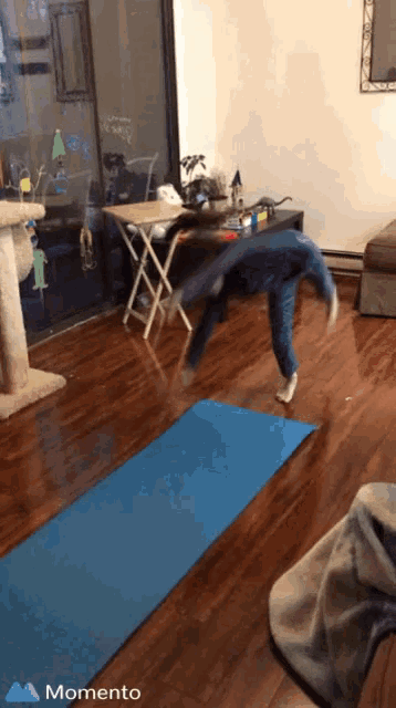 a person is doing a handstand on a blue mat in a room with the word momento on the bottom