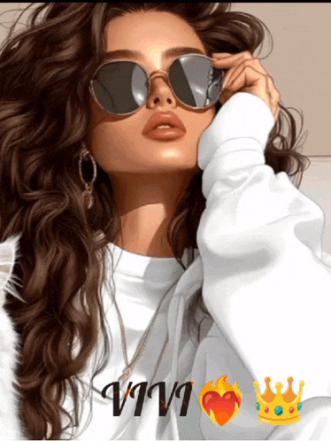 a drawing of a woman wearing sunglasses and a white shirt with the name vivi on it