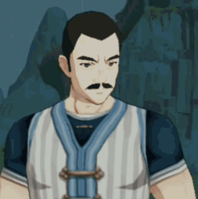 a man with a mustache wearing a blue and white striped shirt
