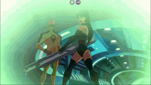 a man and a woman are standing next to each other with a green background and a purple button that says risk on it