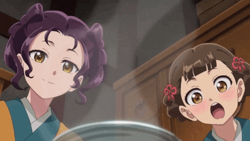 two anime girls looking at a pot of food