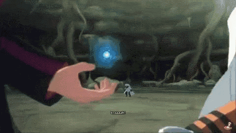 a person is holding a blue object in their hand in a video game while another person looks on .