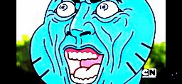 a cartoon character from the amazing world of gumball is making a funny face with his mouth open .