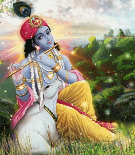 a painting of a deity playing a flute while sitting next to a cow