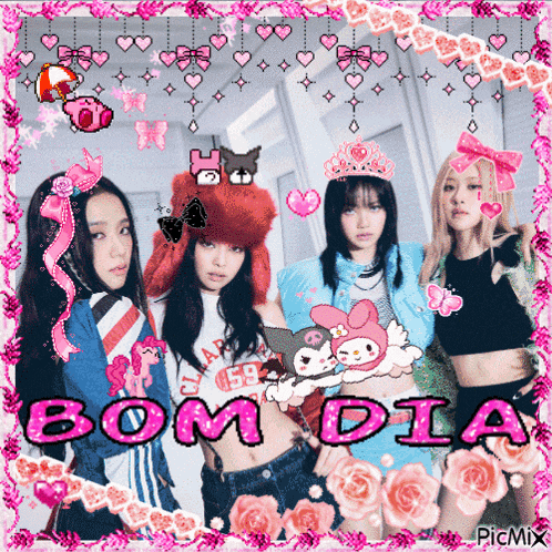 a group of girls are standing next to each other with the words bom dia written in pink letters