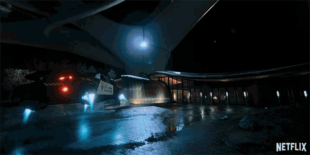 a netflix ad shows a futuristic scene with a police car
