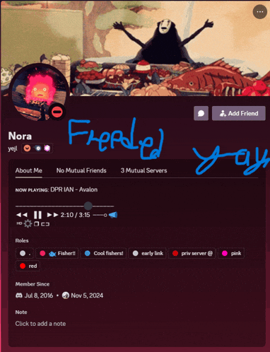 a screen shot of a discord account with the name nora on it
