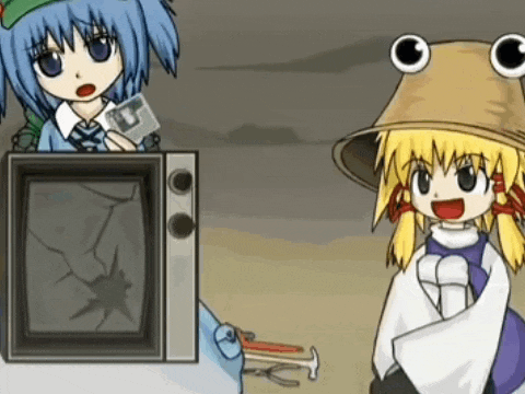 a cartoon of a girl with a frog hat standing next to a broken television