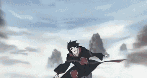 a cartoon character is flying through the air with a sword .