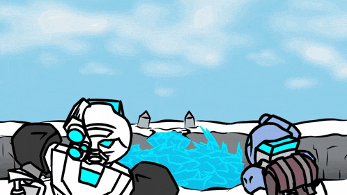 a cartoon of two robots standing next to each other in the snow