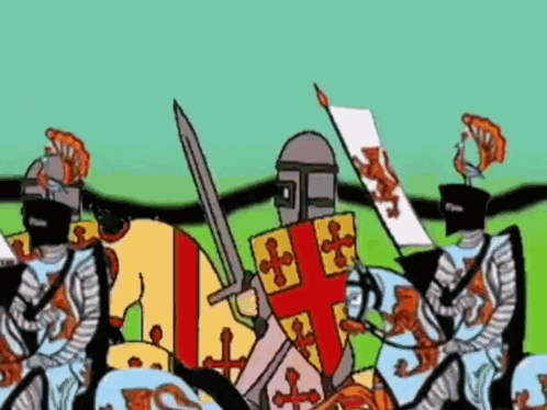 a cartoon of a knight holding a sword and shield while riding a horse