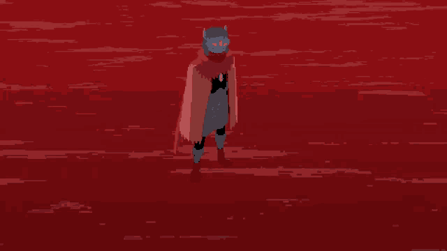 a pixel art of a person in a cape