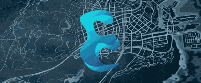 a blue letter e is on top of a city map