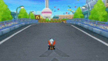 a cartoon character is riding a scooter on a road in a video game