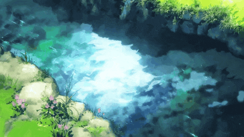 a painting of a river surrounded by flowers and rocks