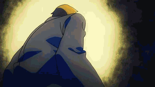a cartoon of a man in a suit standing in front of a bright light .