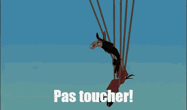 a cartoon character with the words pas toucher on the bottom right