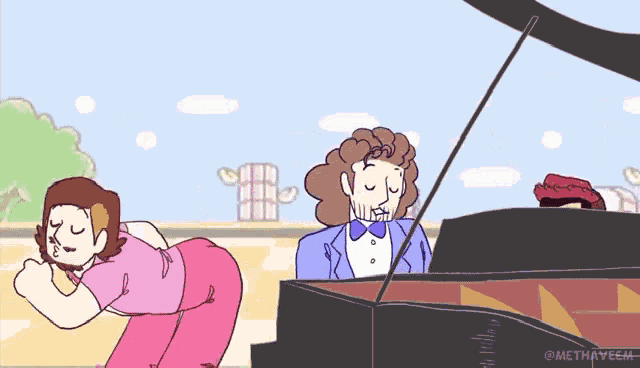 a cartoon of a man playing a piano and a woman standing in front of it