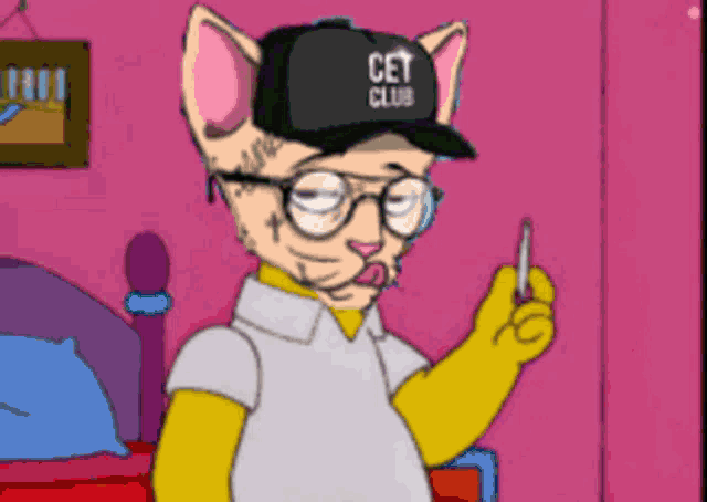 a cat wearing glasses and a hat that says get club
