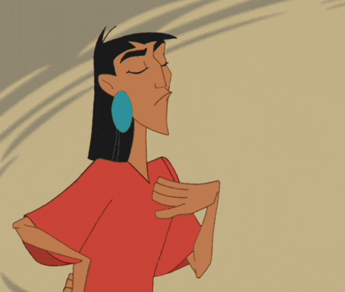 a cartoon character with a red shirt and blue earrings is making a funny face