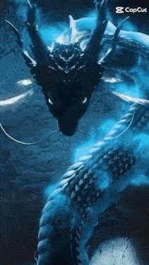 a dragon with blue flames coming out of its head