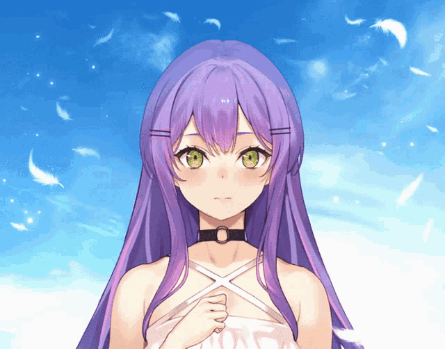 a girl with purple hair and green eyes is standing in front of a blue sky