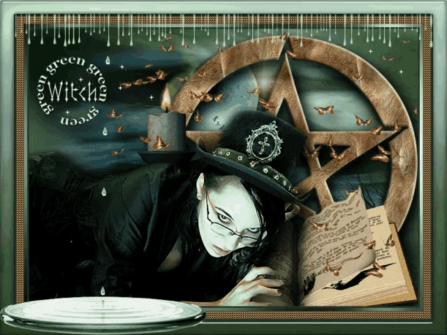 a picture of a witch reading a book with the words green green witch on the bottom