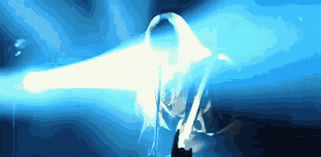 a woman is playing a guitar in a dark room with a blue light coming out of her head .