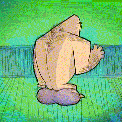 a cartoon character is sitting on a pillow on a wooden floor