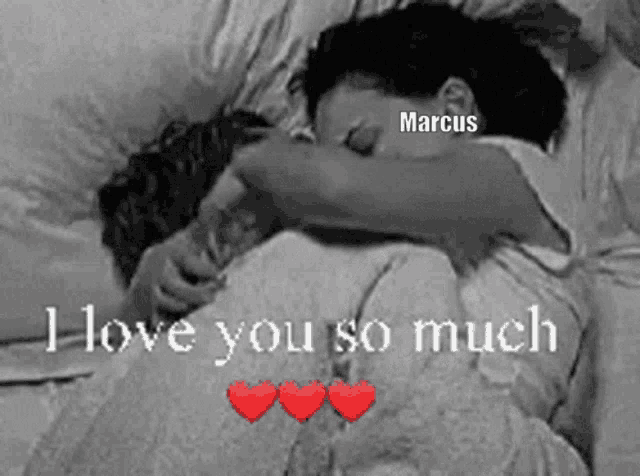 a black and white photo of a man and woman hugging with the words " i love you so much " on the bottom