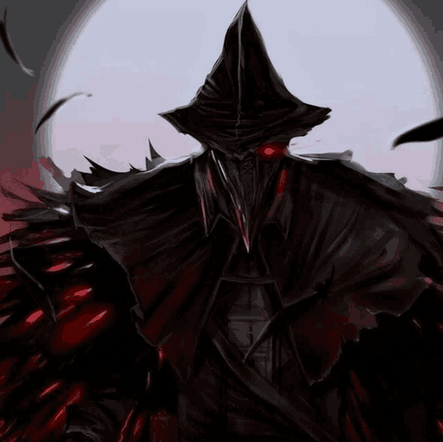 a drawing of a person with red eyes and a black cloak