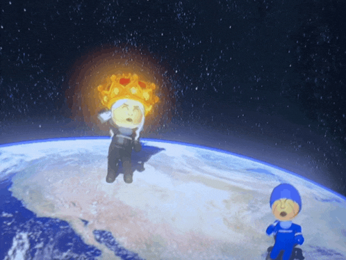 a cartoon of a man standing on top of a planet with a dead sun in the background