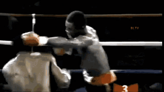 two boxers are fighting in a ring with the number 3 on the shorts