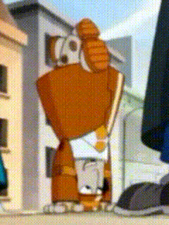 a cartoon character is standing in front of a building with a soccer ball on his back