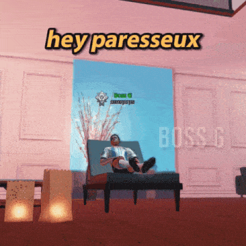 a man laying in a chair with the words hey paresseux written above him