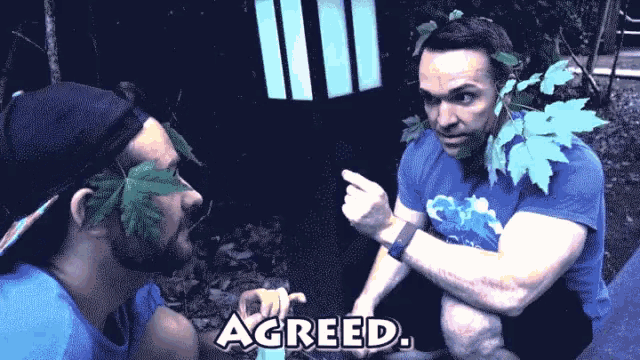 a man with leaves on his head talks to another man with the word agreed on the bottom