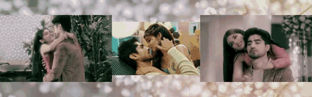 a collage of four pictures of a man and woman kissing
