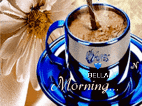 a cup of coffee sits on a saucer with bella morning written on it