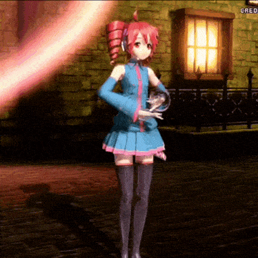 a girl in a blue and pink outfit is standing in front of a brick wall with the word greed on the bottom