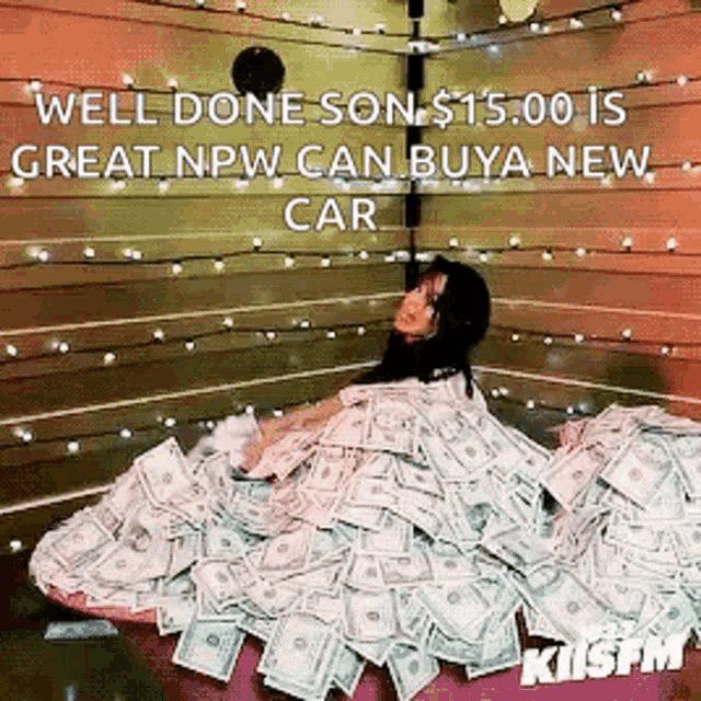 a woman is laying in a bathtub covered in money .
