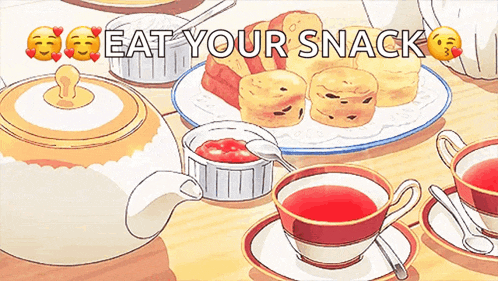 a cartoon drawing of a tea party with the words eat your snack