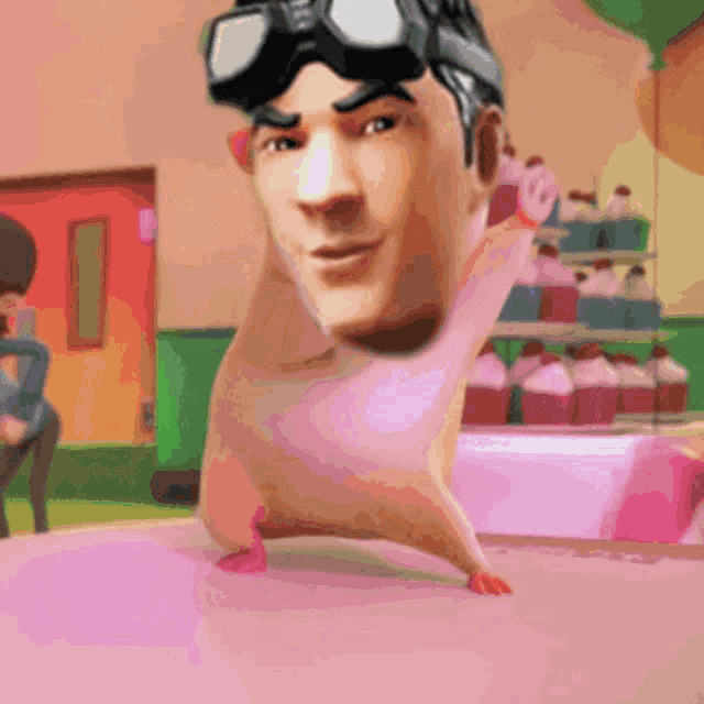 a cartoon character with goggles on is standing on a pink table