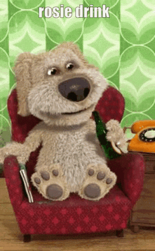 a teddy bear is sitting in a chair with a bottle of rosie drink in his hand