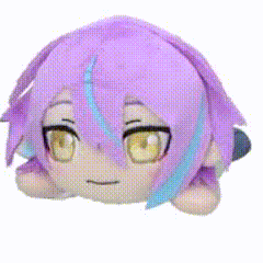 a stuffed animal of a girl with purple hair and yellow eyes is laying down .