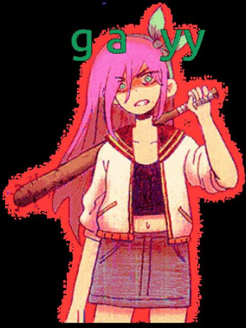 a girl with pink hair and green eyes is holding a bat with the word gayy above her