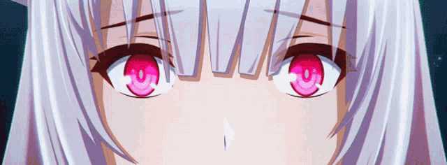 a close up of a anime girl 's eyes with white hair and pink eyes